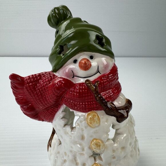 Hallmark Snowman Tealight Candle Holder Ceramic Red Scarf Green Hat Christmas - Picture 3 of 11